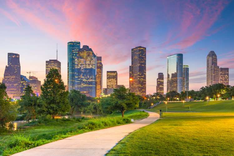 city of Houston skyline at sunset